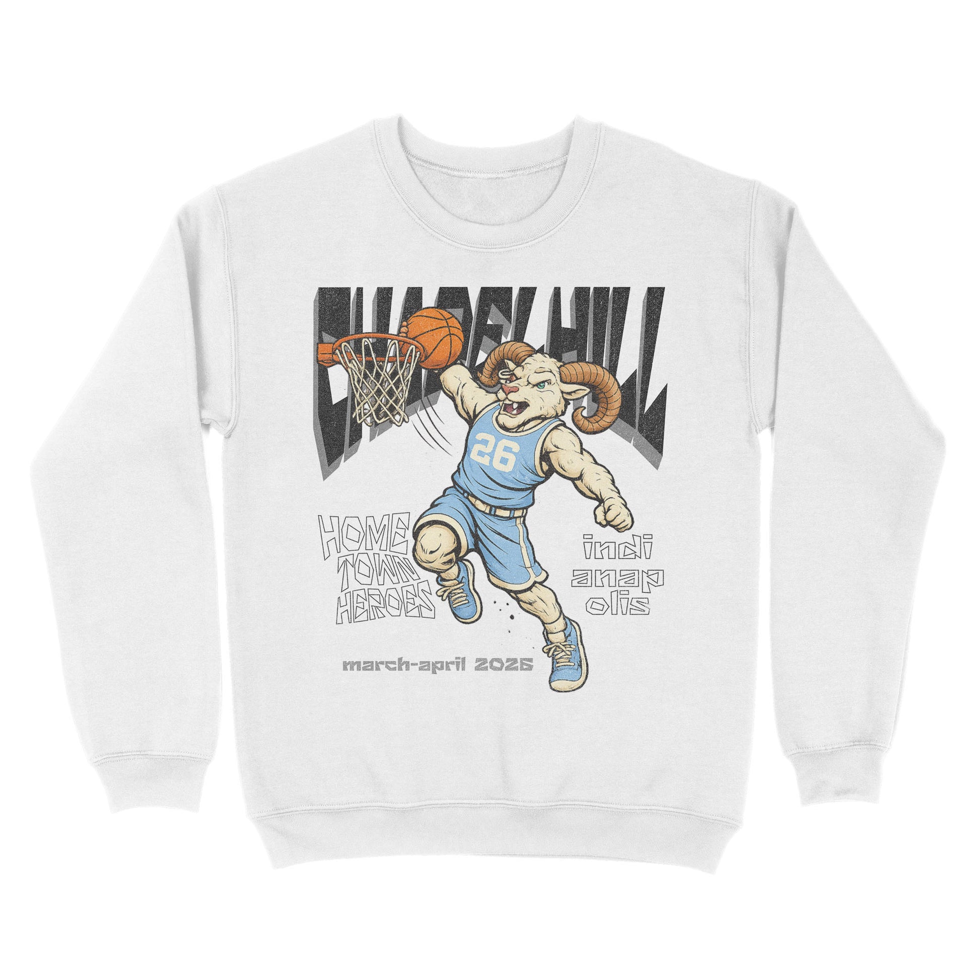 White sweatshirt with a graphic of a ram playing basketball and text on a white background
