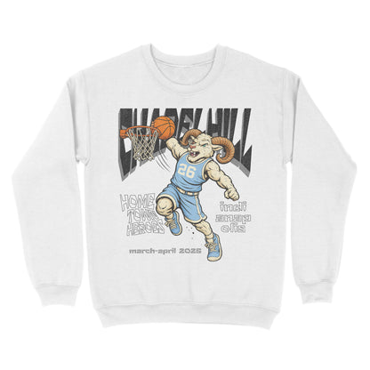 White sweatshirt with a graphic of a ram playing basketball and text on a white background