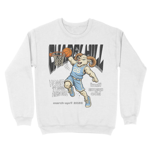 White sweatshirt with a graphic of a ram playing basketball and text on a white background