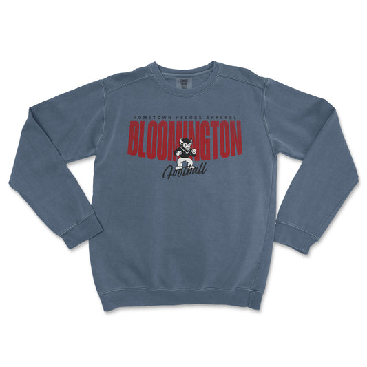 Blue sweatshirt with 'Bloomington Football' text and graphic on a white background