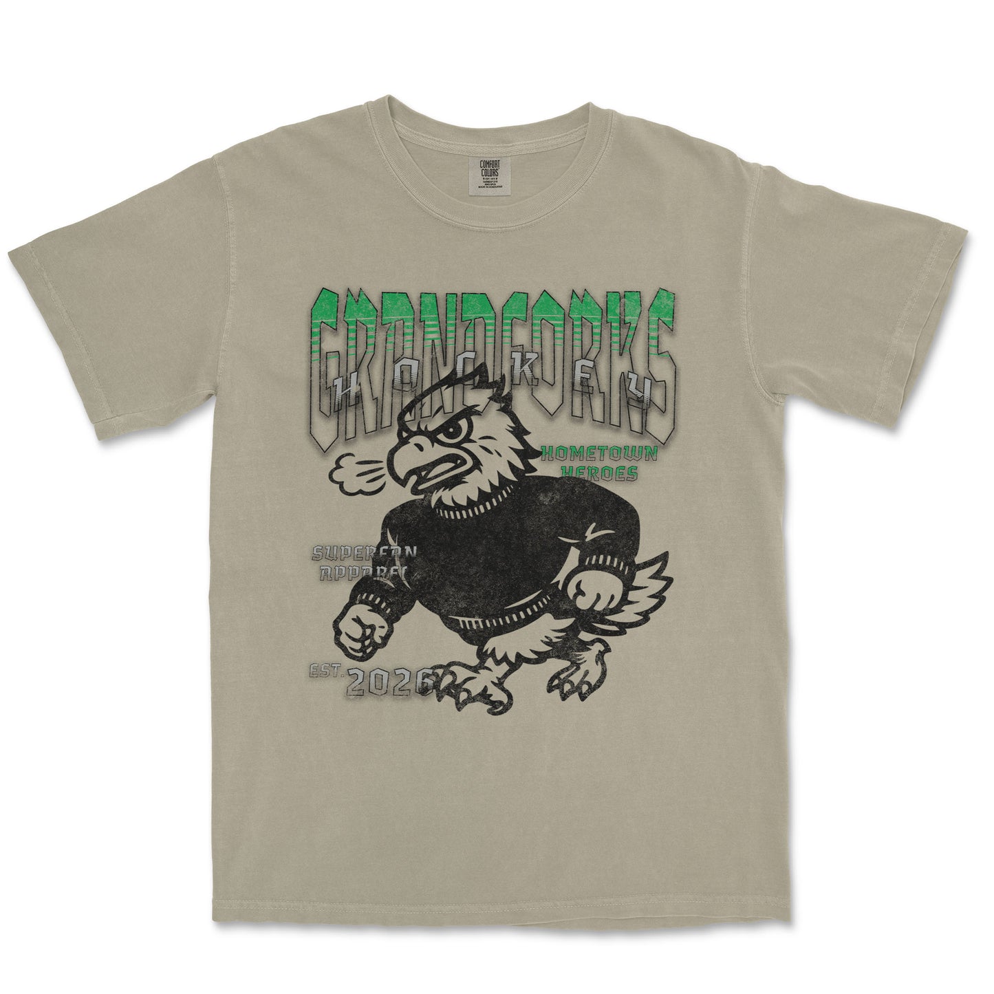 Beige t-shirt with graphic design and text on a white background