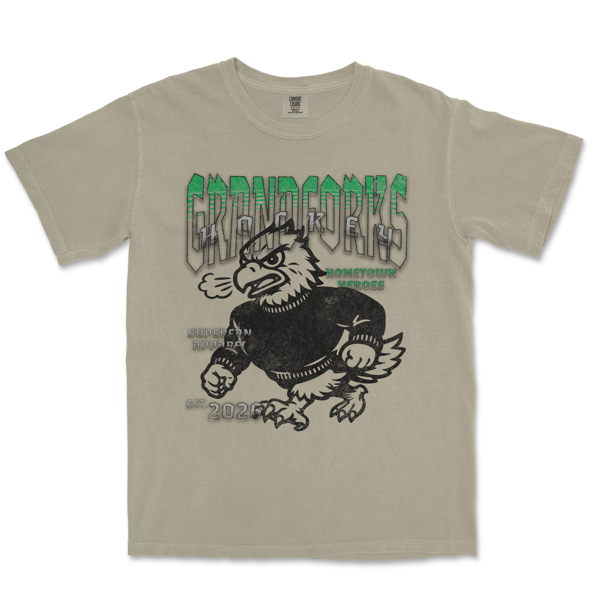 Beige t-shirt with graphic design and text on a white background