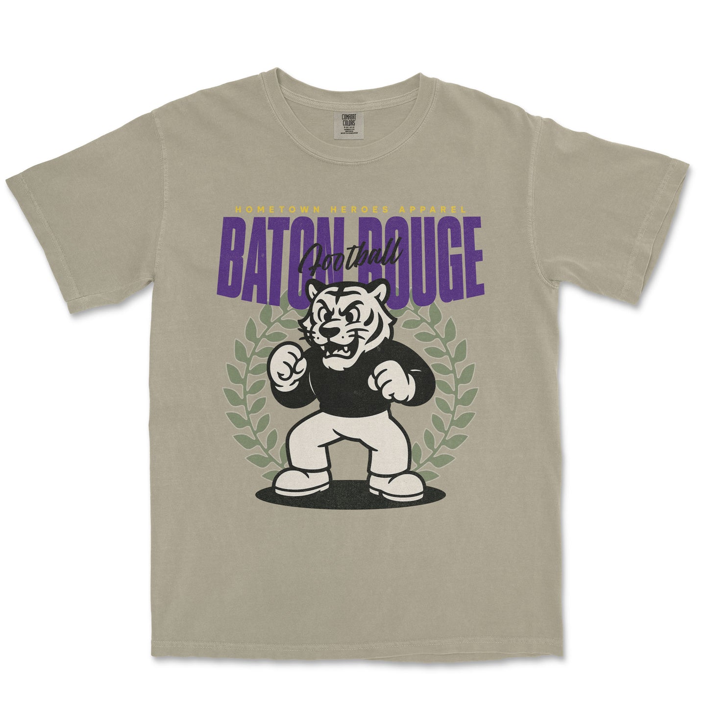 Beige t-shirt with a graphic of a tiger and text 'Batch Douge' on a white background