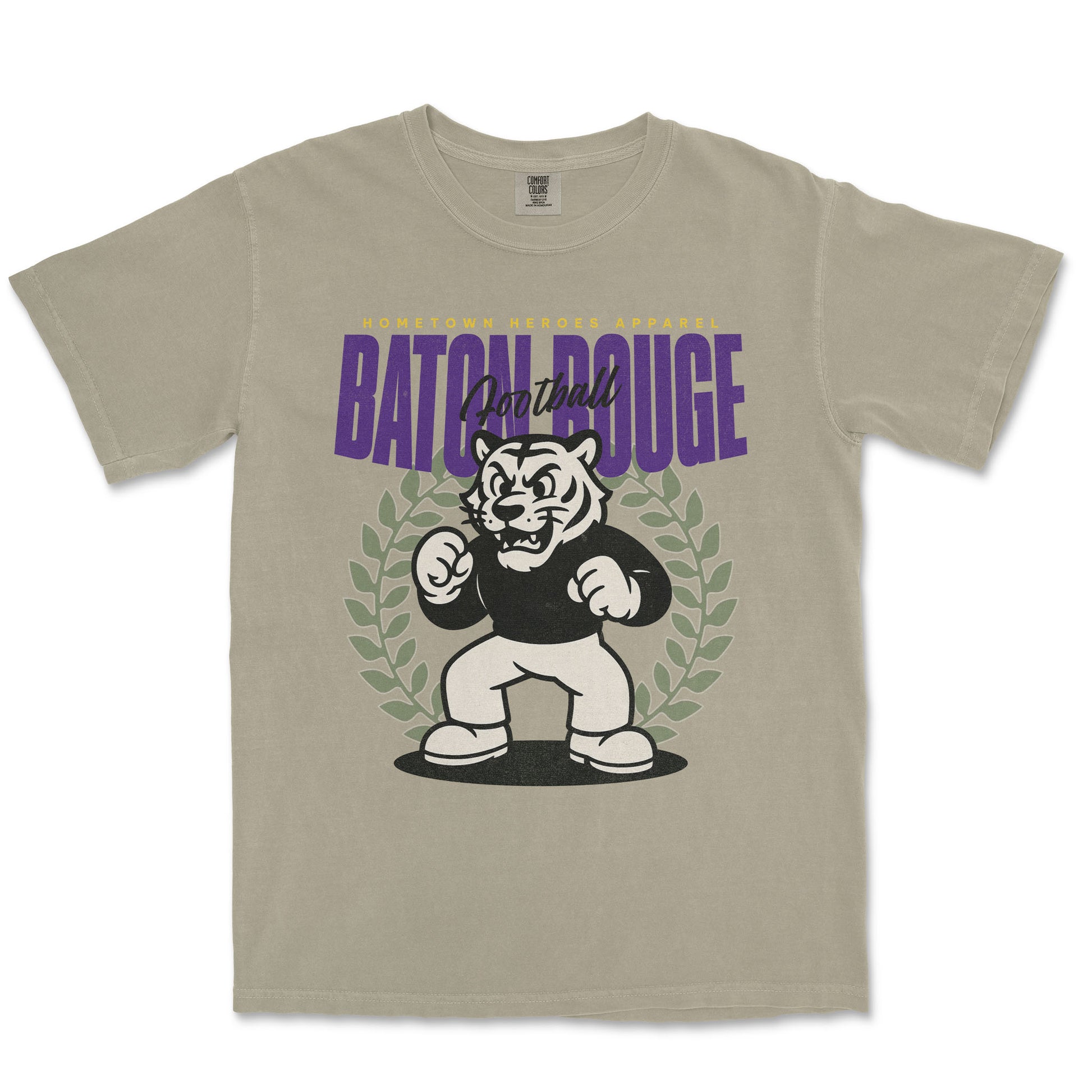 Beige t-shirt with a graphic of a tiger and text 'Batch Douge' on a white background