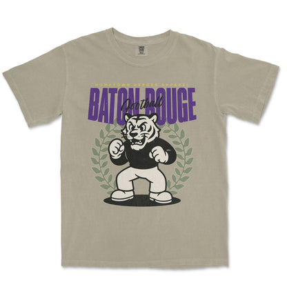 Beige t-shirt with a graphic of a tiger and text 'Batch Douge' on a white background