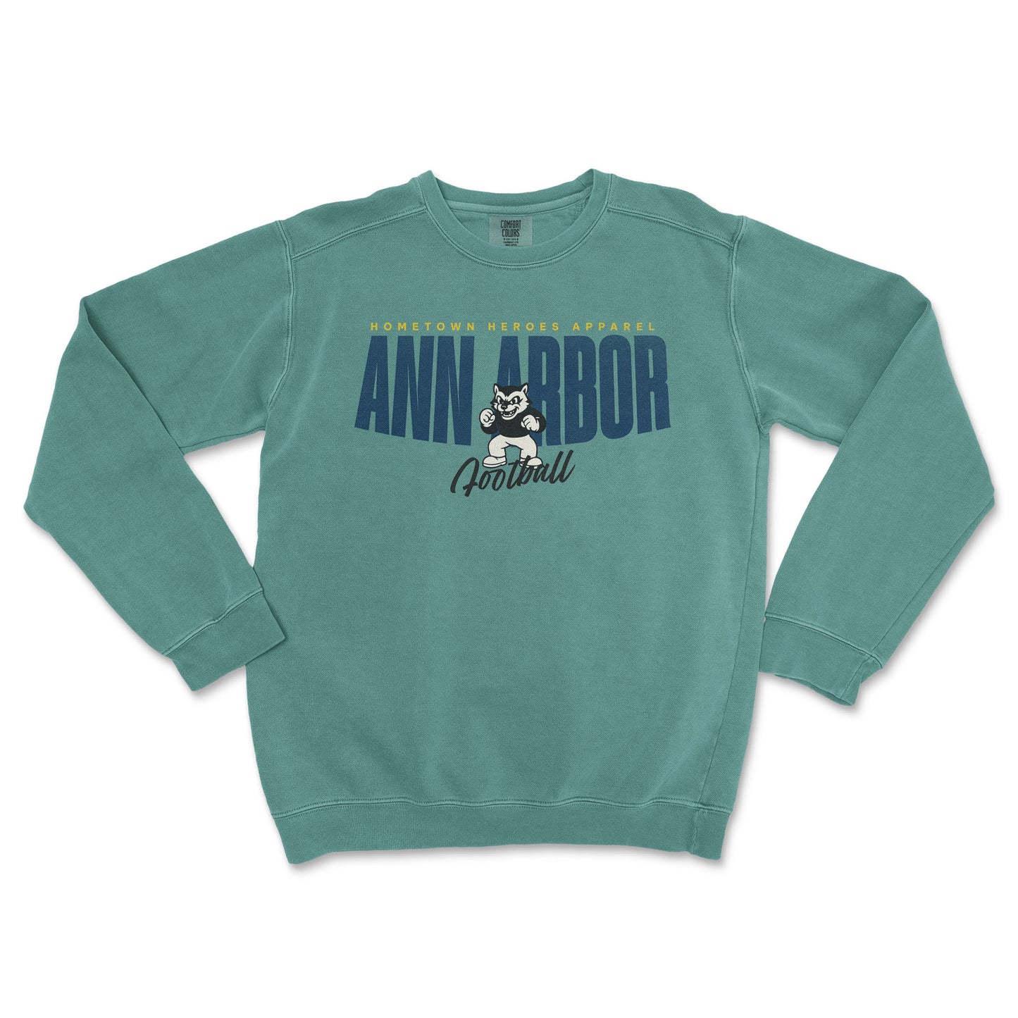 Teal sweatshirt with 'Ann Arbor Football' text and logo on a white background