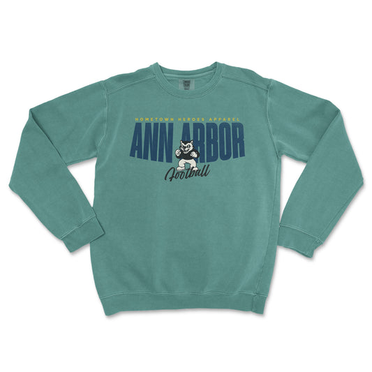 Teal sweatshirt with 'Ann Arbor Football' text and logo on a white background