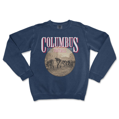 Navy blue sweatshirt with 'Columbus Football' graphic on a white background