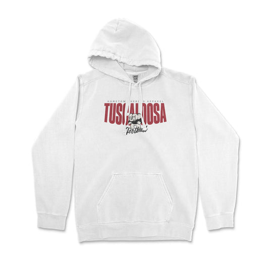 White hoodie with red and black text on a white background