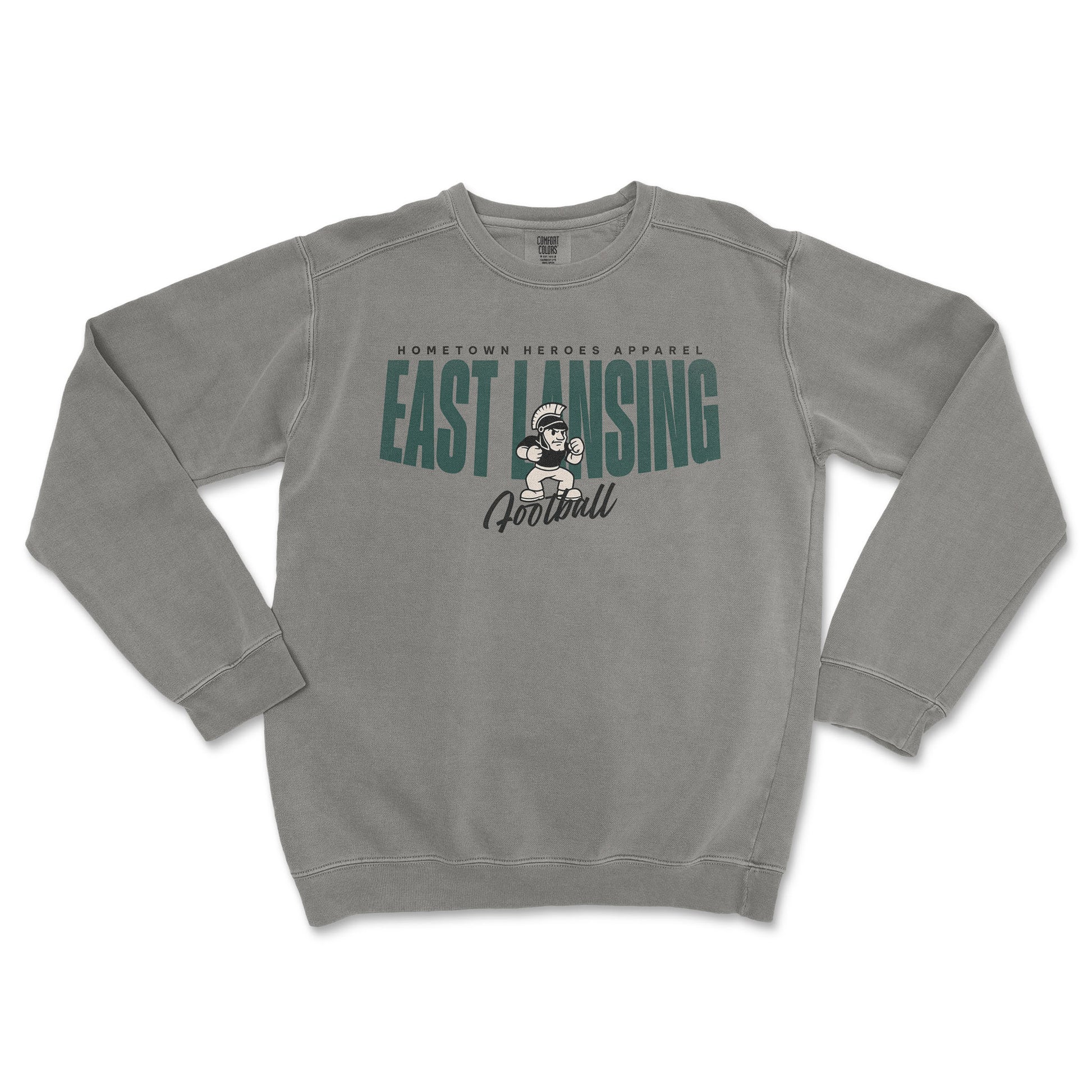 Gray sweatshirt with 'East Lansing Football' text and graphic on a white background
