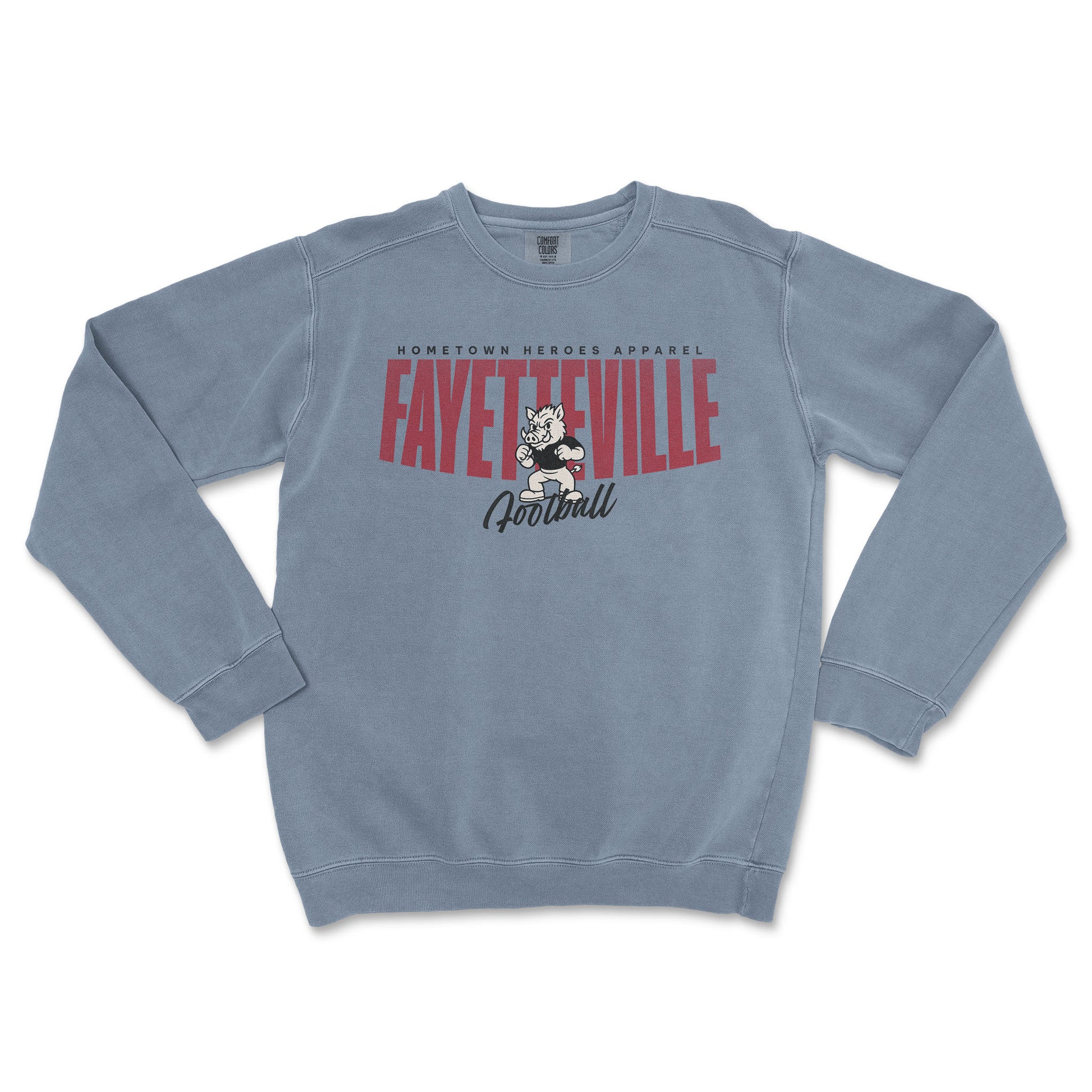 Blue sweatshirt with 'Fayetteville Football' text and logo on a white background
