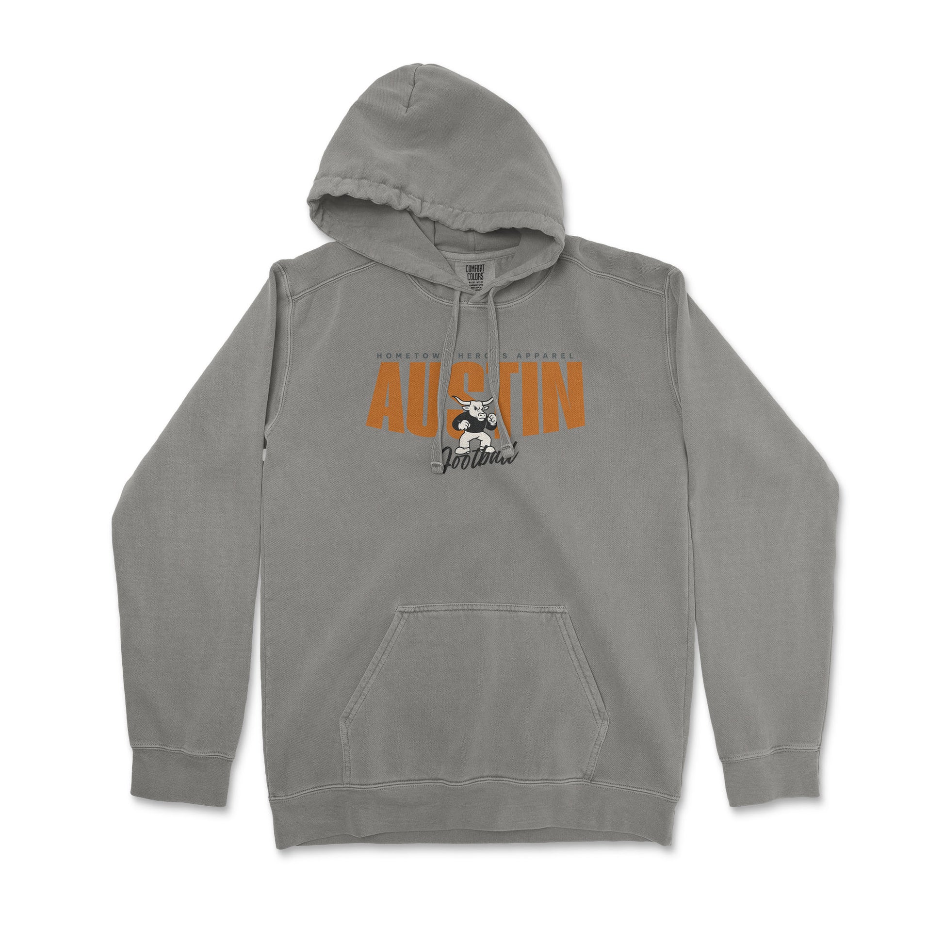 Gray hoodie with 'Austin' text and graphic on a white background