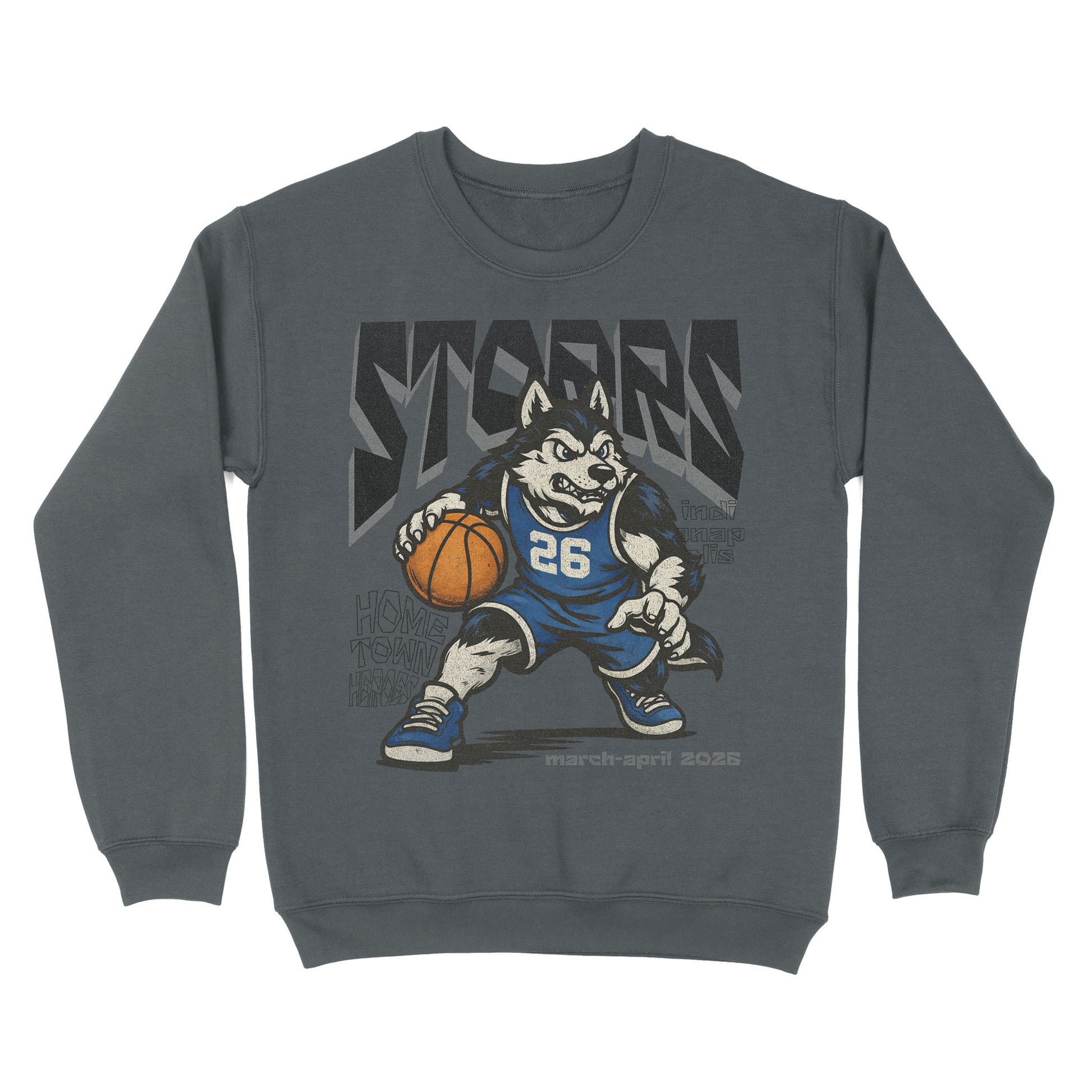 Gray sweatshirt with a cartoon husky holding a basketball and the word 'STORERS' on a white background