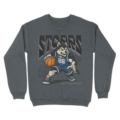 Gray sweatshirt with a cartoon husky holding a basketball and the word 'STORERS' on a white background