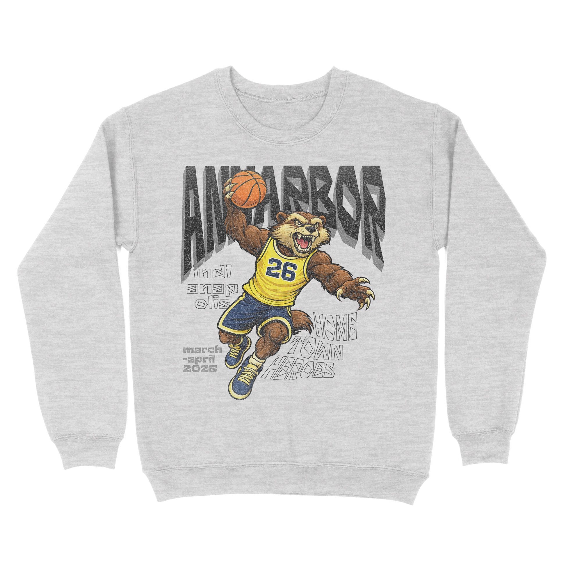 Gray sweatshirt with a bear holding a basketball and 'Ann Arbor' text on a white background
