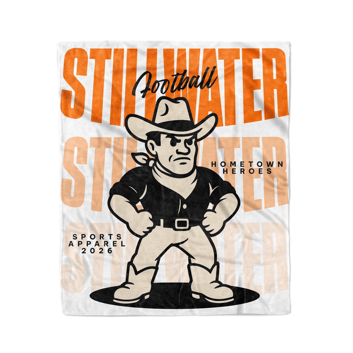 Fleece blanket with 'Stillwater Football Hometown Heroes' design featuring a mascot and text.