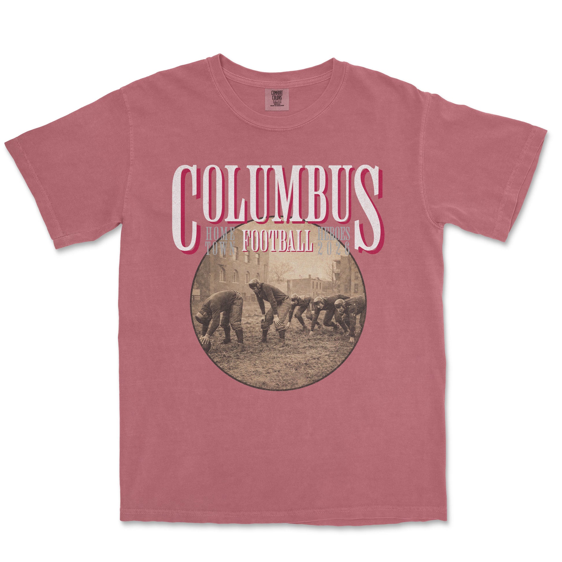Red t-shirt with 'Columbus Football' graphic on a white background