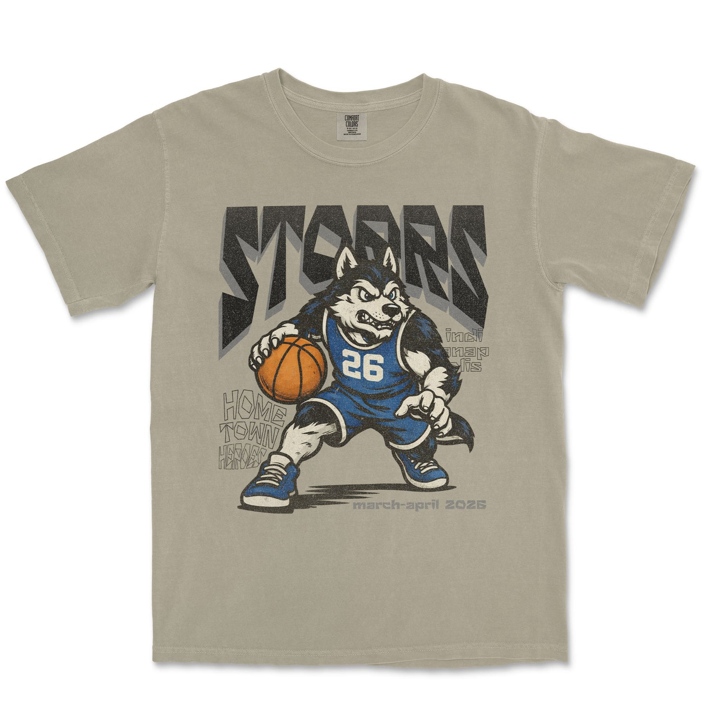 Beige t-shirt with a graphic of a husky holding a basketball and text on a white background