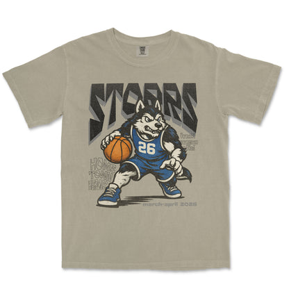 Beige t-shirt with a graphic of a husky holding a basketball and text on a white background