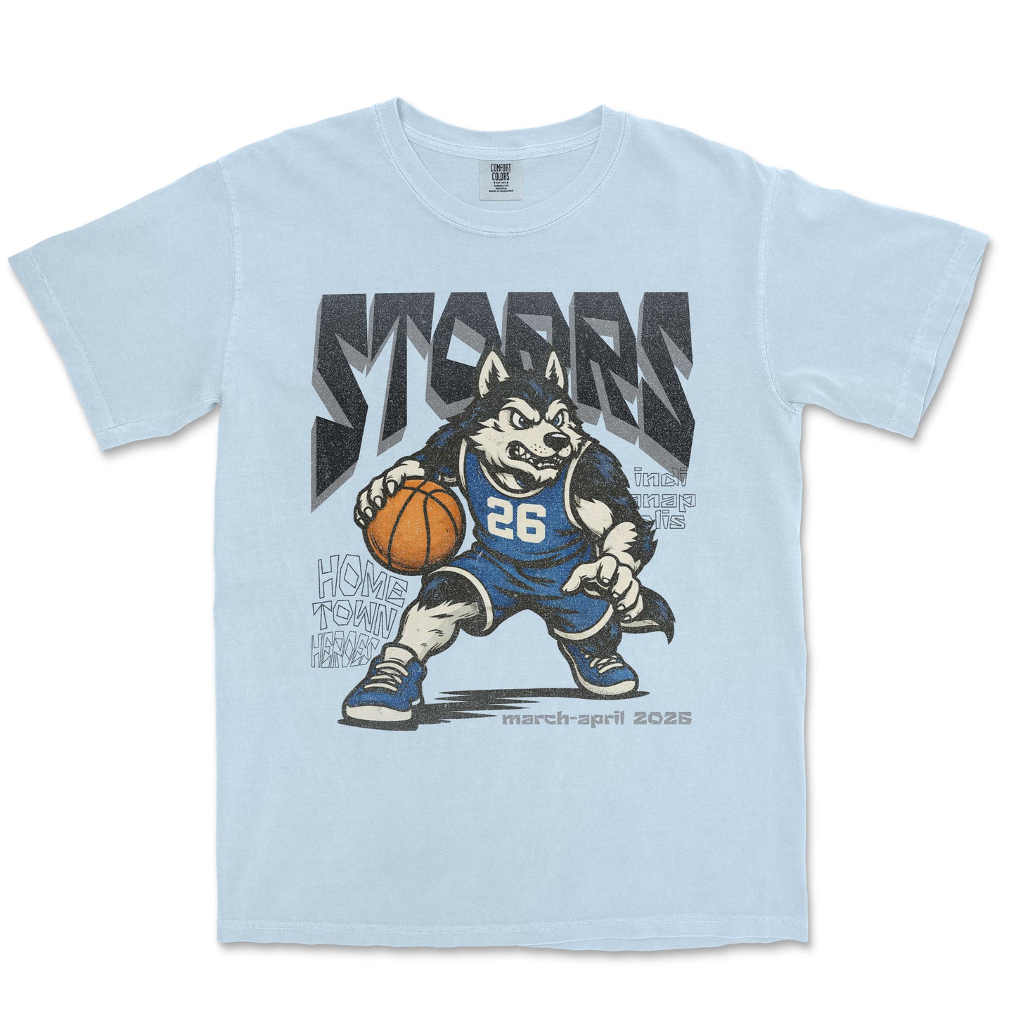 Light blue t-shirt with a cartoon husky holding a basketball and text on a white background