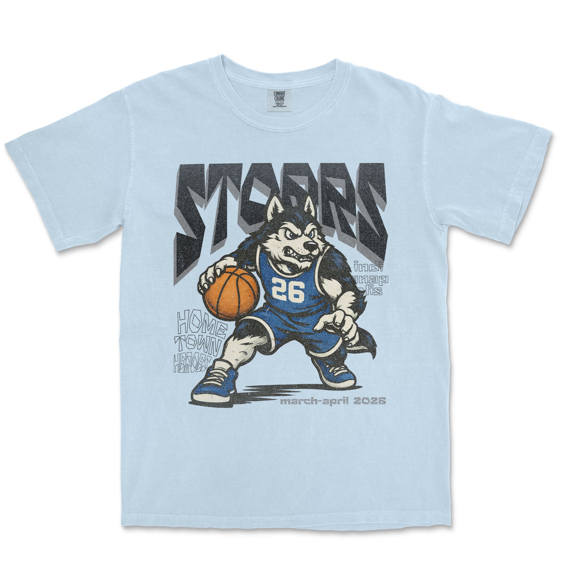 Light blue t-shirt with a cartoon husky holding a basketball and text on a white background