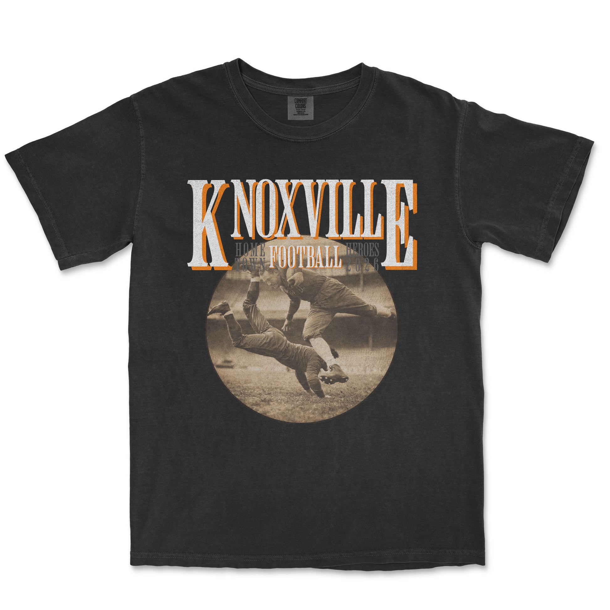Black t-shirt with 'Knoxville Football' graphic on a white background