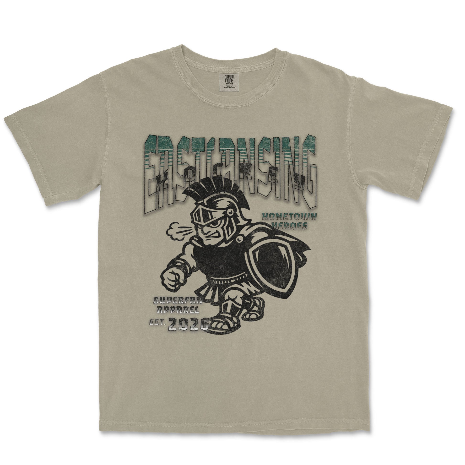Beige t-shirt with graphic design of a warrior and text on a white background