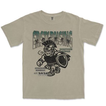 Beige t-shirt with graphic design of a warrior and text on a white background