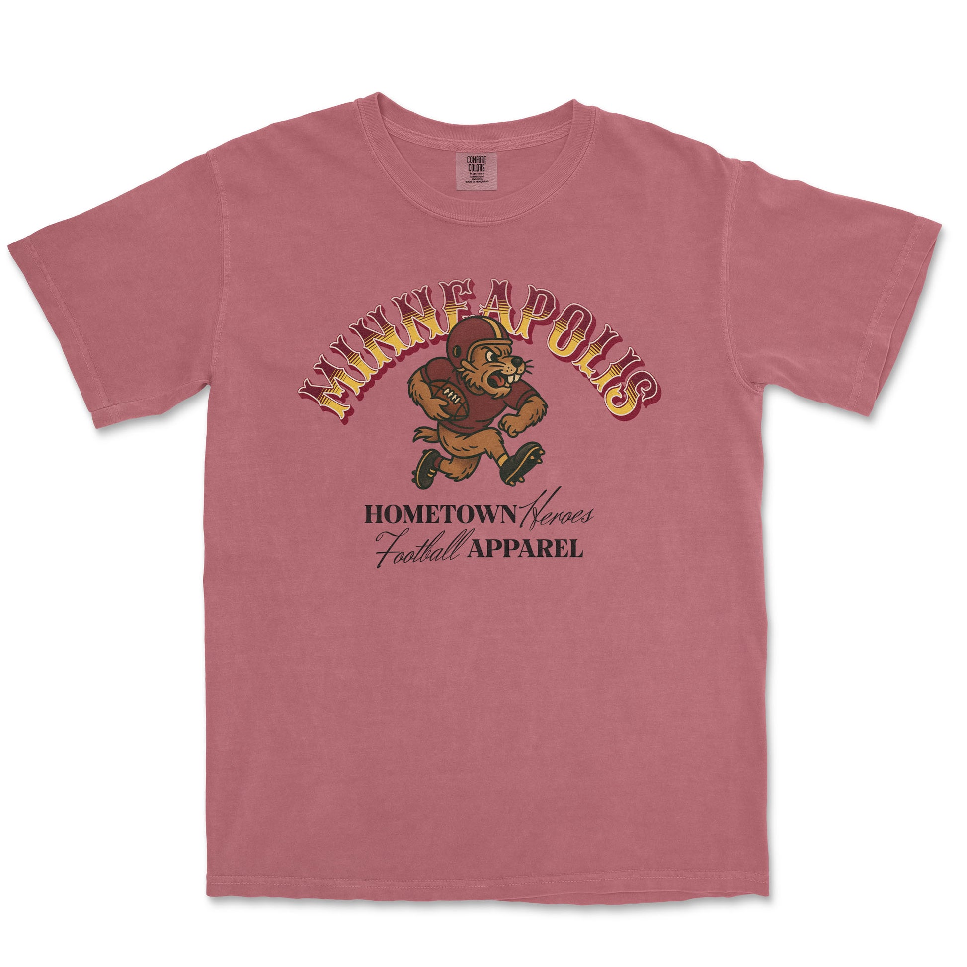 Pink t-shirt with graphic design and text on a white background