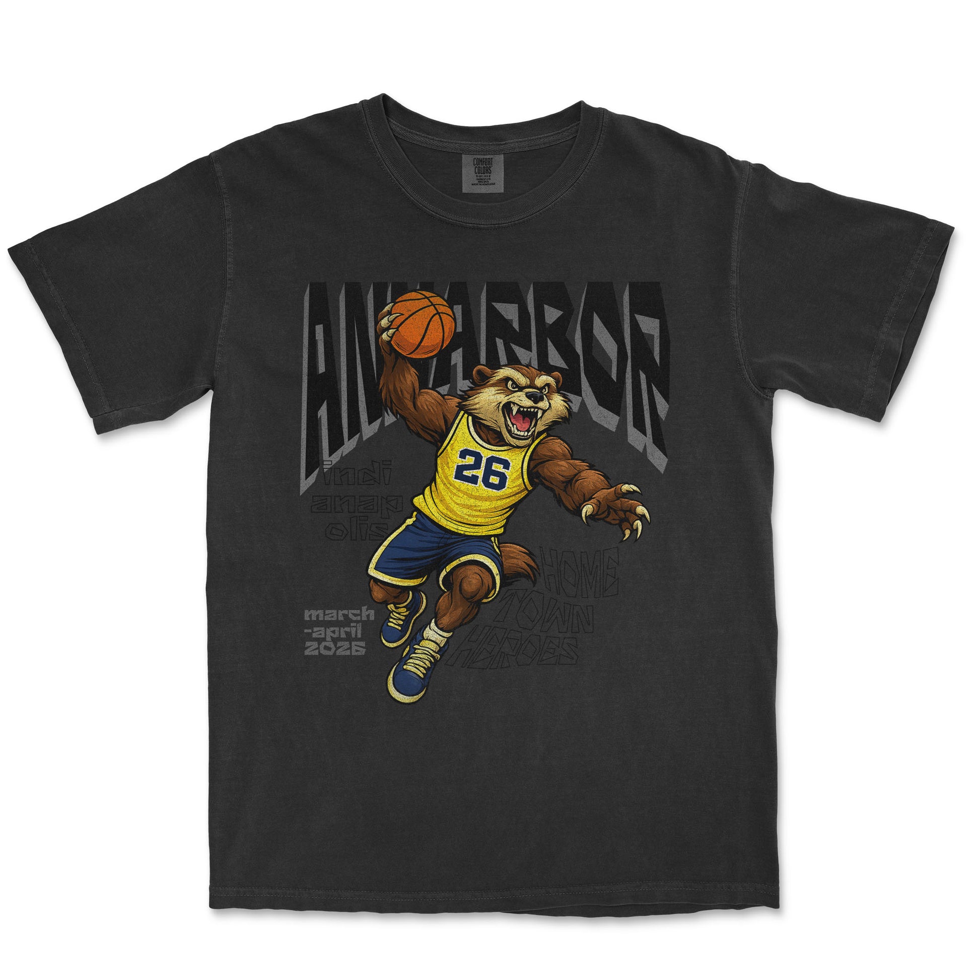 Black t-shirt with a bear playing basketball graphic and text on a white background