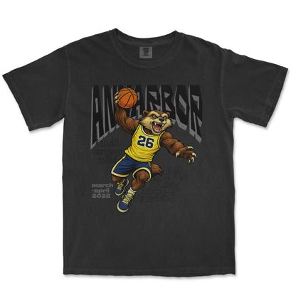 Black t-shirt with a bear playing basketball graphic and text on a white background
