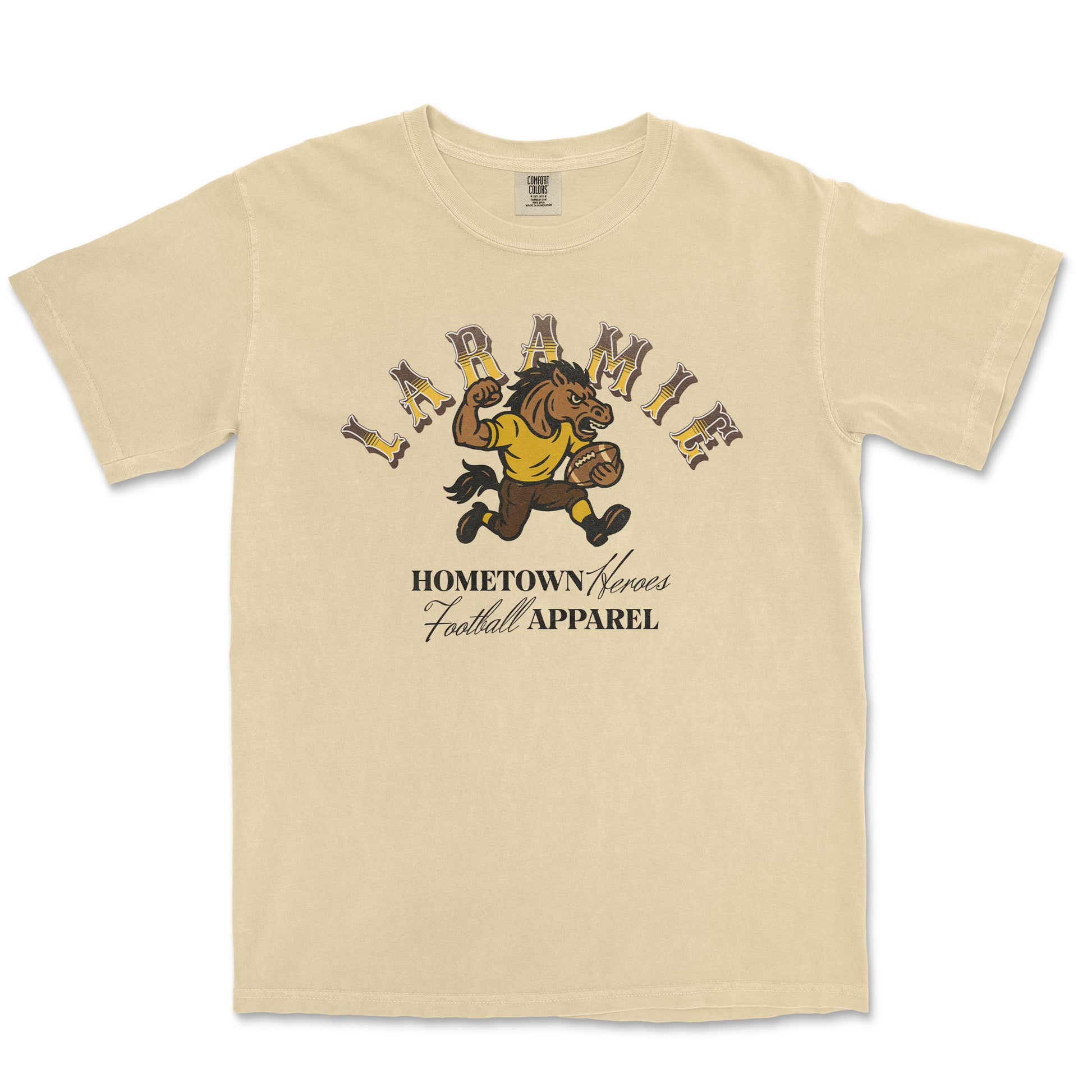 Beige t-shirt with a graphic of a horse and text on a white background
