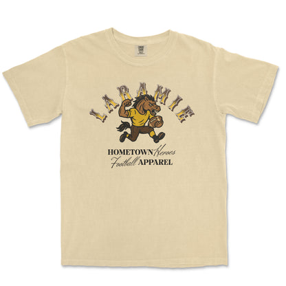 Beige t-shirt with a graphic of a horse and text on a white background