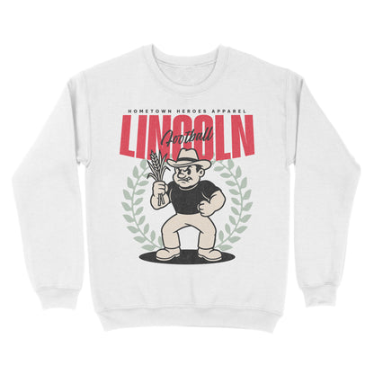 White sweatshirt with cartoon character and 'Lincoln' text on a white background