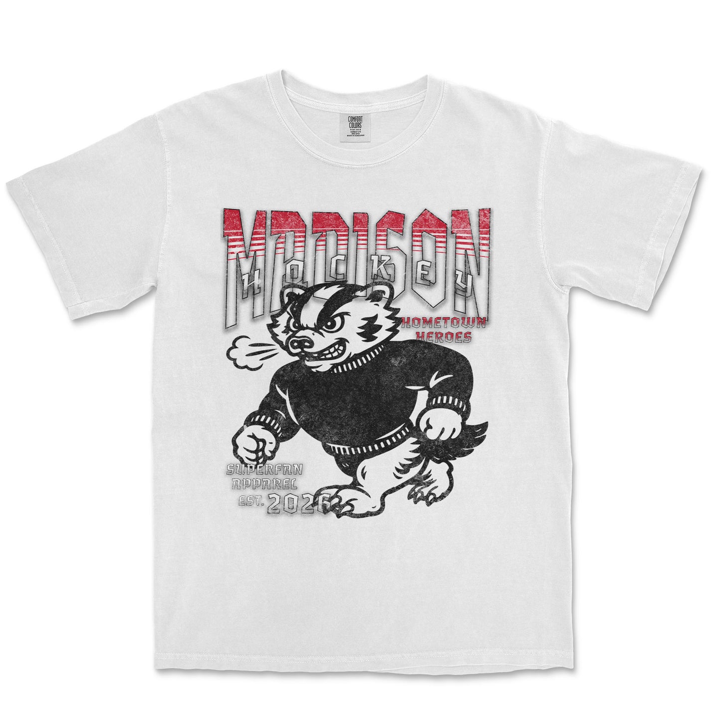 White t-shirt with a graphic of a bear and text on a white background