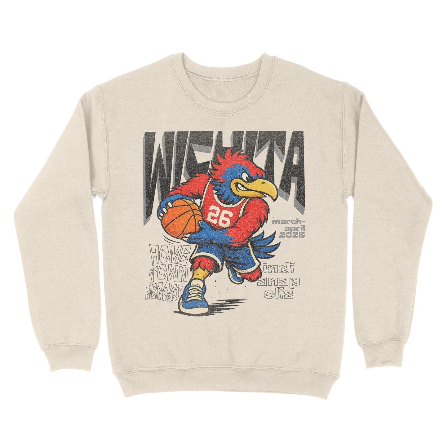 Beige sweatshirt with a graphic of a mascot holding a basketball and text on a white background