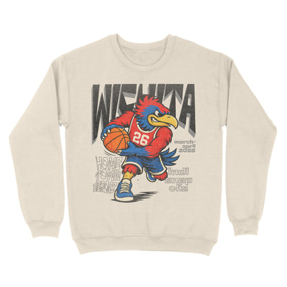 Beige sweatshirt with a graphic of a mascot holding a basketball and text on a white background