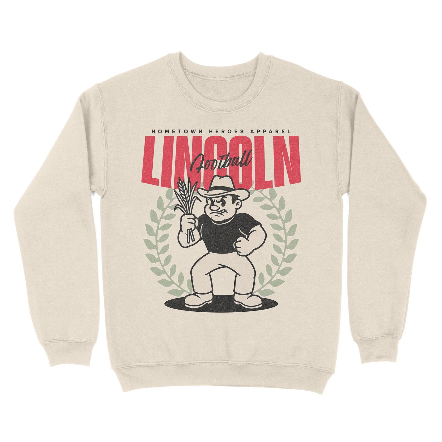 Beige sweatshirt with graphic design of a character holding a football and text 'Hometown Heroes Apparel Lincoln Football'.