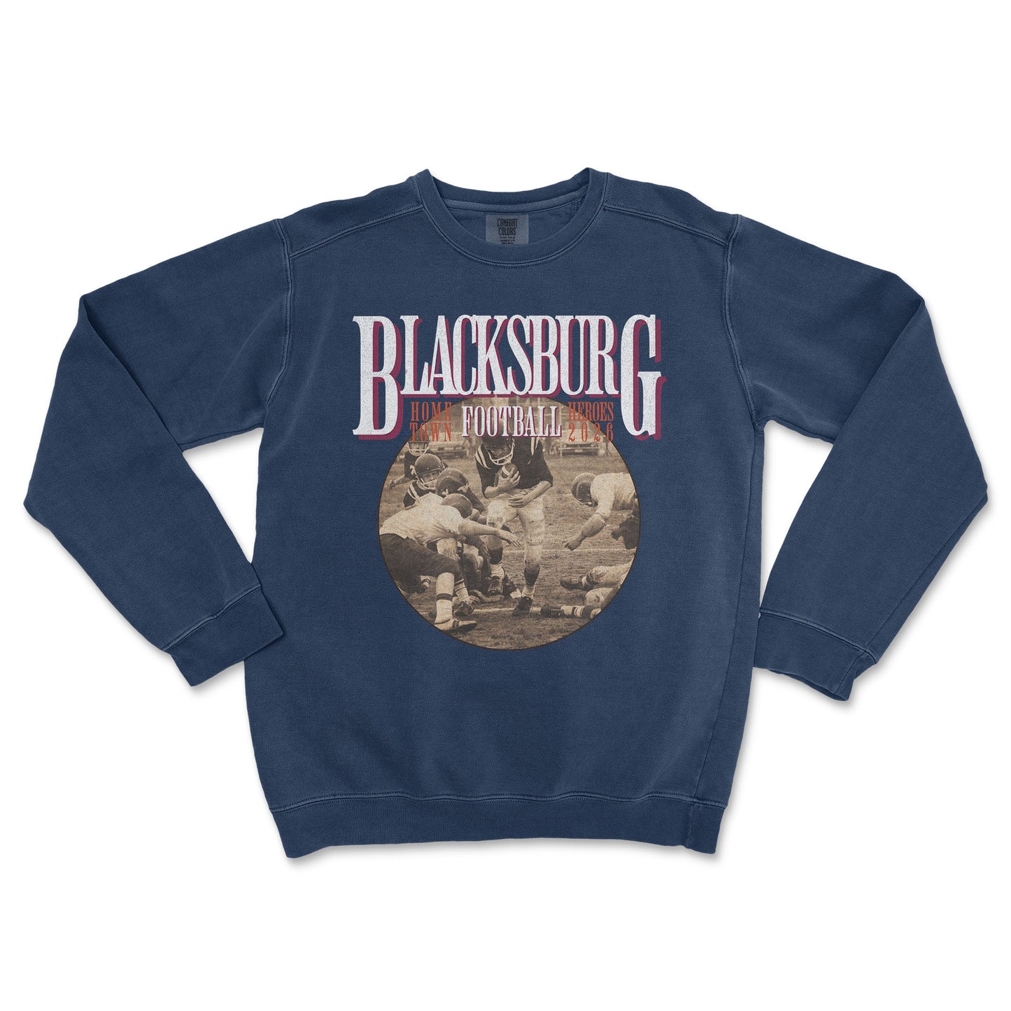 Navy blue sweatshirt with 'Blacksburg Football' graphic on a white background