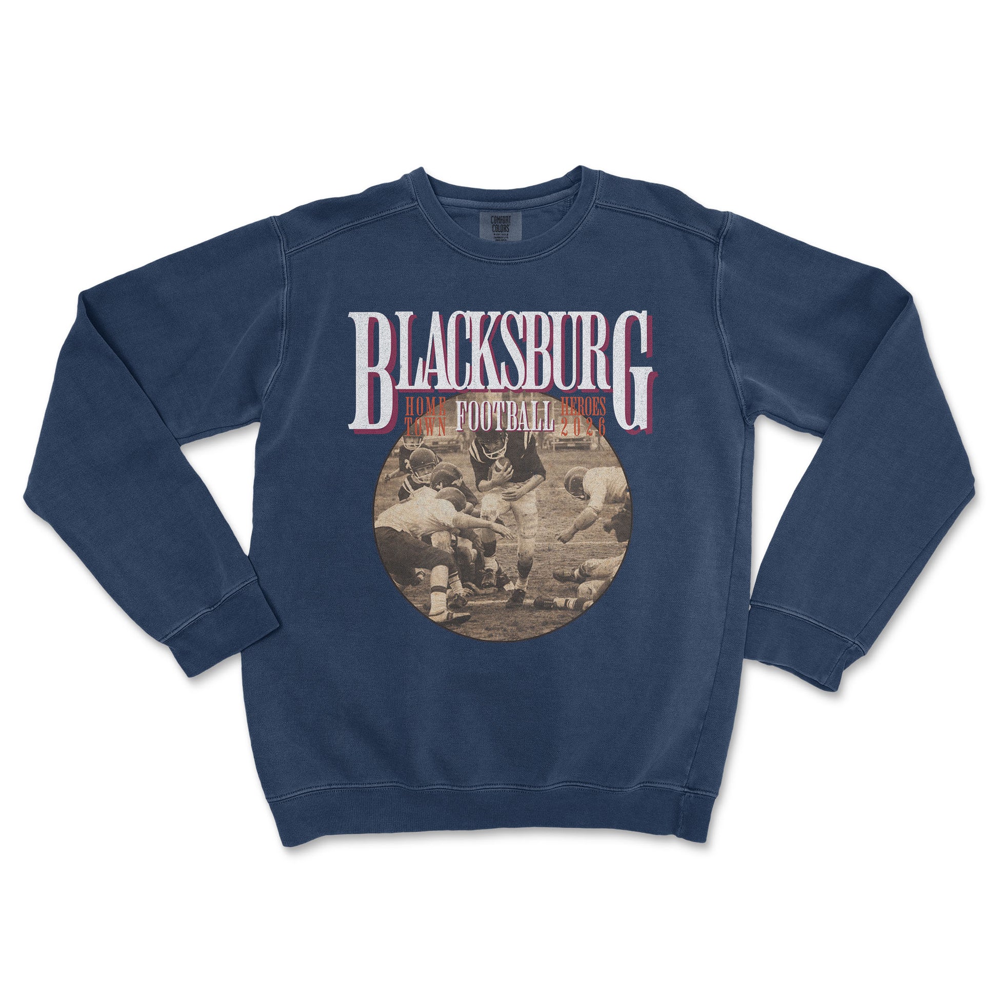 Navy blue sweatshirt with 'Blacksburg Football' graphic on a white background