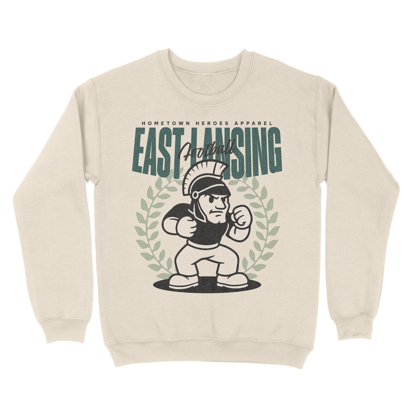 Beige sweatshirt with 'East Lansing' graphic design on a white background