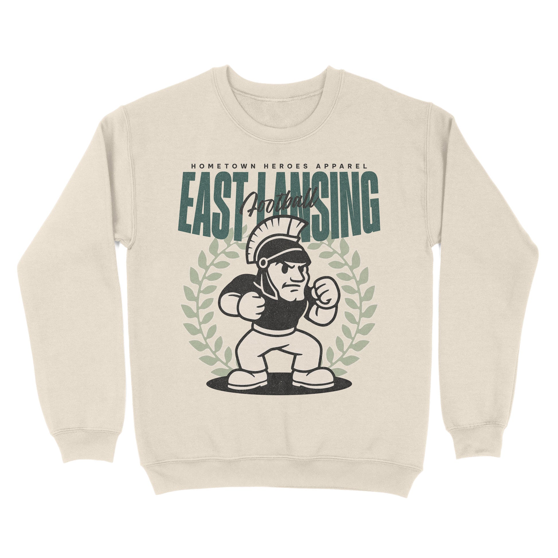 Beige sweatshirt with 'East Lansing' graphic design on a white background