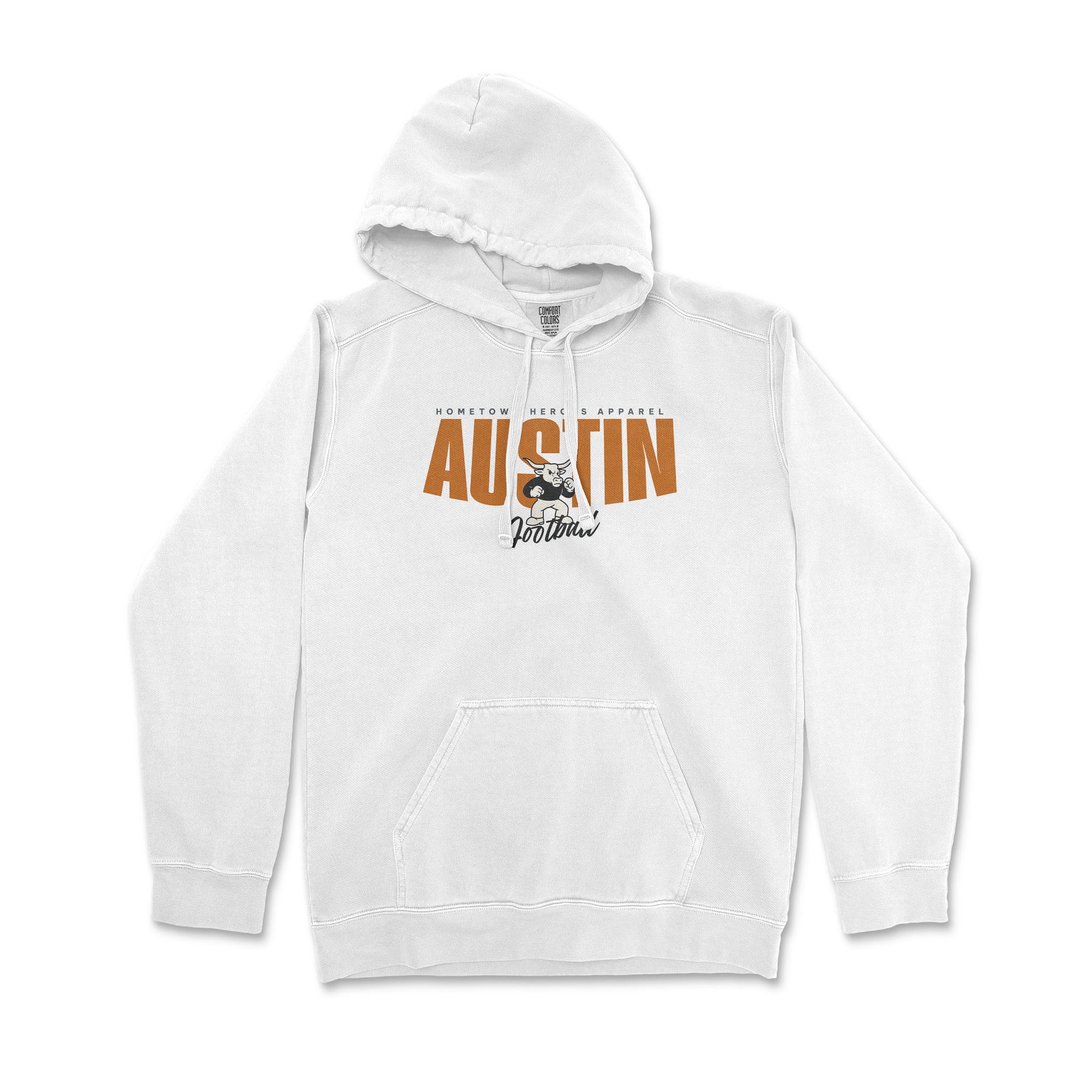 White hoodie with 'Austin Forever' text and graphic on a white background