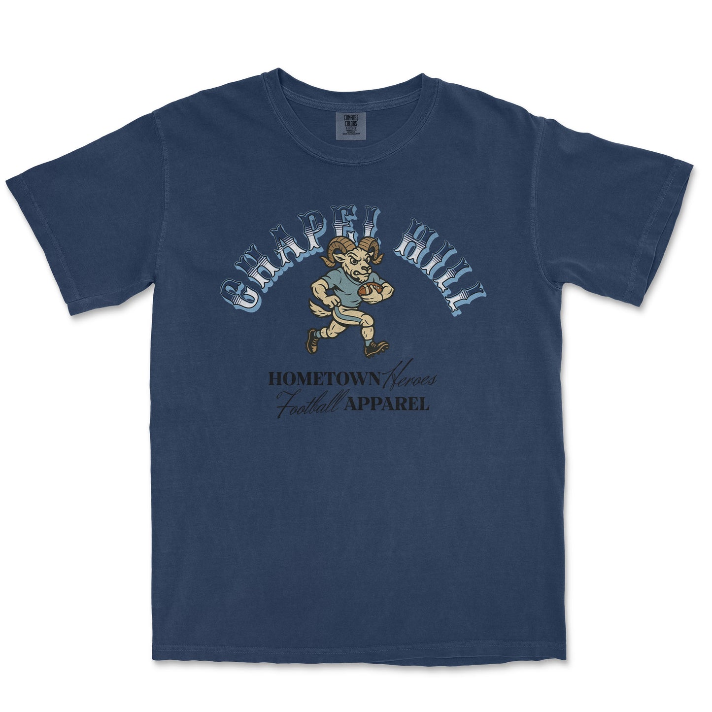 Navy blue t-shirt with 'Chapel Hill' graphic design on a white background
