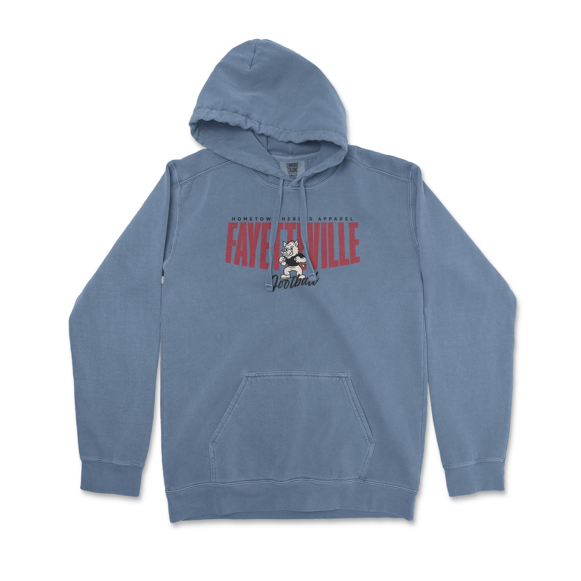 Blue hoodie with graphic design on a white background