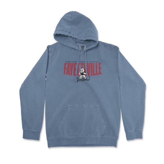 Blue hoodie with graphic design on a white background