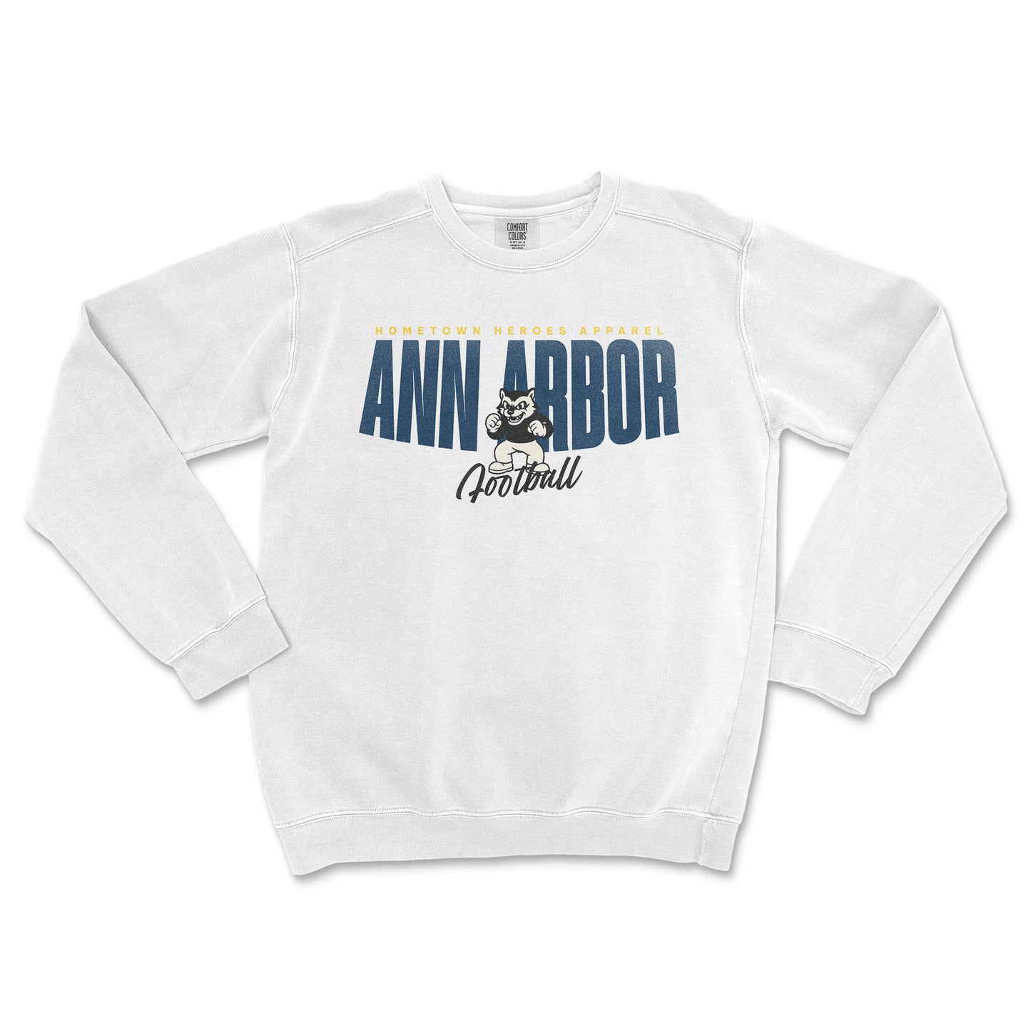 White sweatshirt with 'Ann Arbor Football' text and logo on a white background