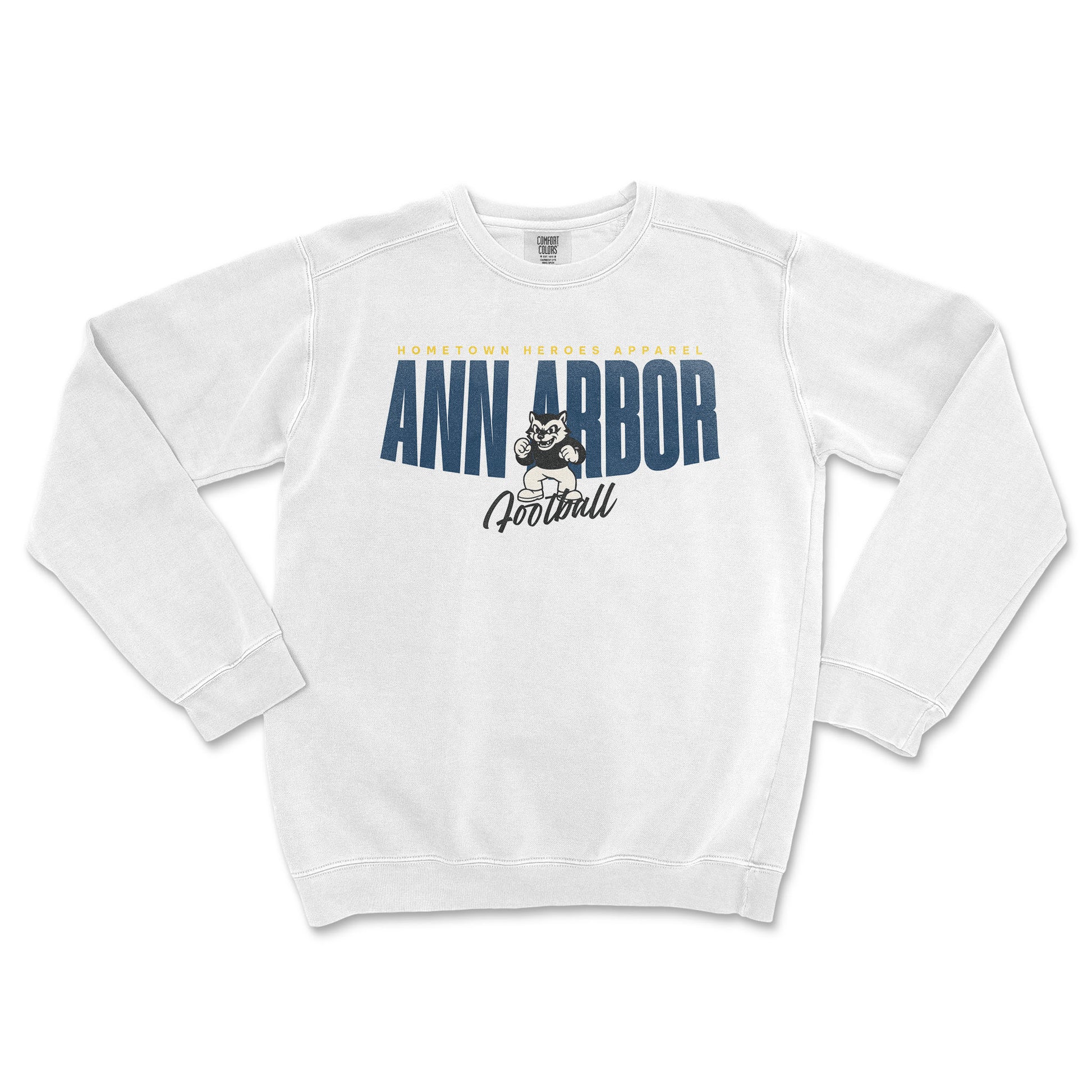 White sweatshirt with 'Ann Arbor Football' text and logo on a white background