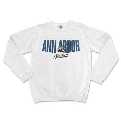White sweatshirt with 'Ann Arbor Football' text and logo on a white background