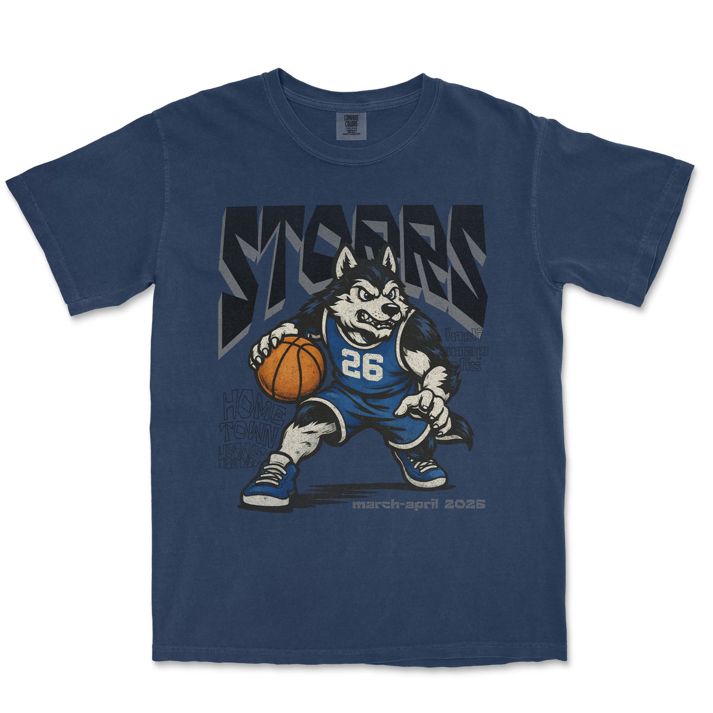 Blue t-shirt with a graphic of a husky holding a basketball and the word 'STORMS' on a white background.